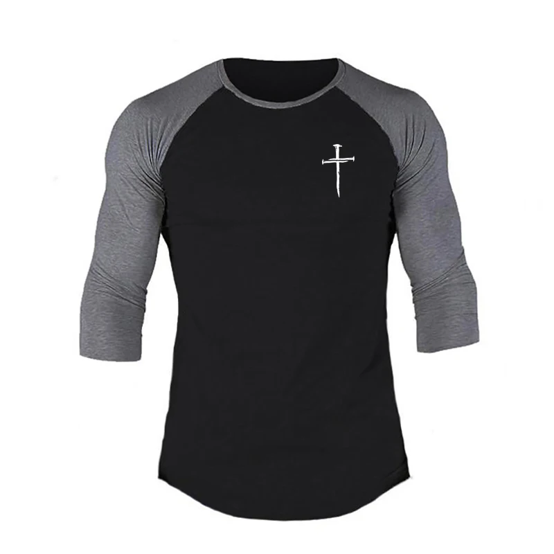 Fitness-Training Muskelkleidung Baumwolle Slim Fit Herren Bodybuilding T-Shirts Personalisierte Cross Dreiviertelärmel-Shirts