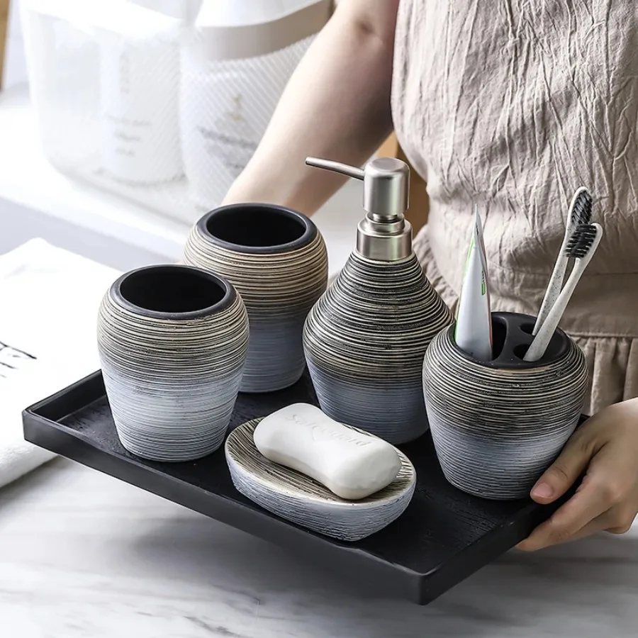 

Home Handmade Ceramic Bathroom Accessories Storage Bathroom Set Toothbrush Holder Soap Dispenser Emulsion Bottle Mouthwash Cup