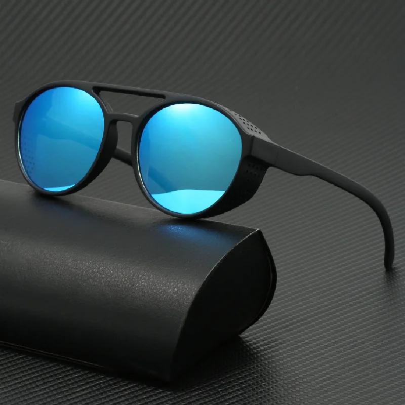 Steampunk sunglasses with red lenses, retro round sunglasses for men