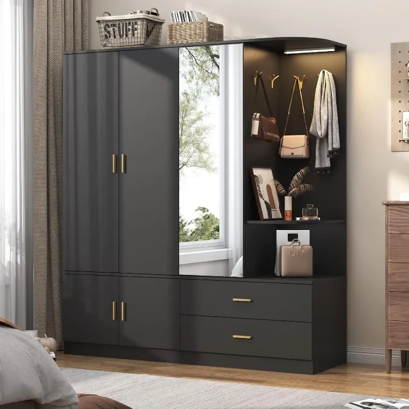 XVD Armoire Wardrobe Closet with Mirror & Sensor Light, Bedroom Armoire with 5 Doors & 2 Drawers, Modern Wooden Large Wardrobe