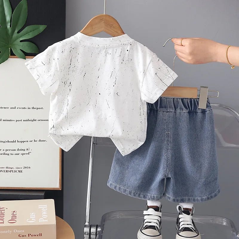 2026 Baby Boys Summer 2Pcs Tracksuit Graffiti Splash Ink Tee & Ripped Jean Shorts Casual Street Style Toddler Clothing 1-5 Years