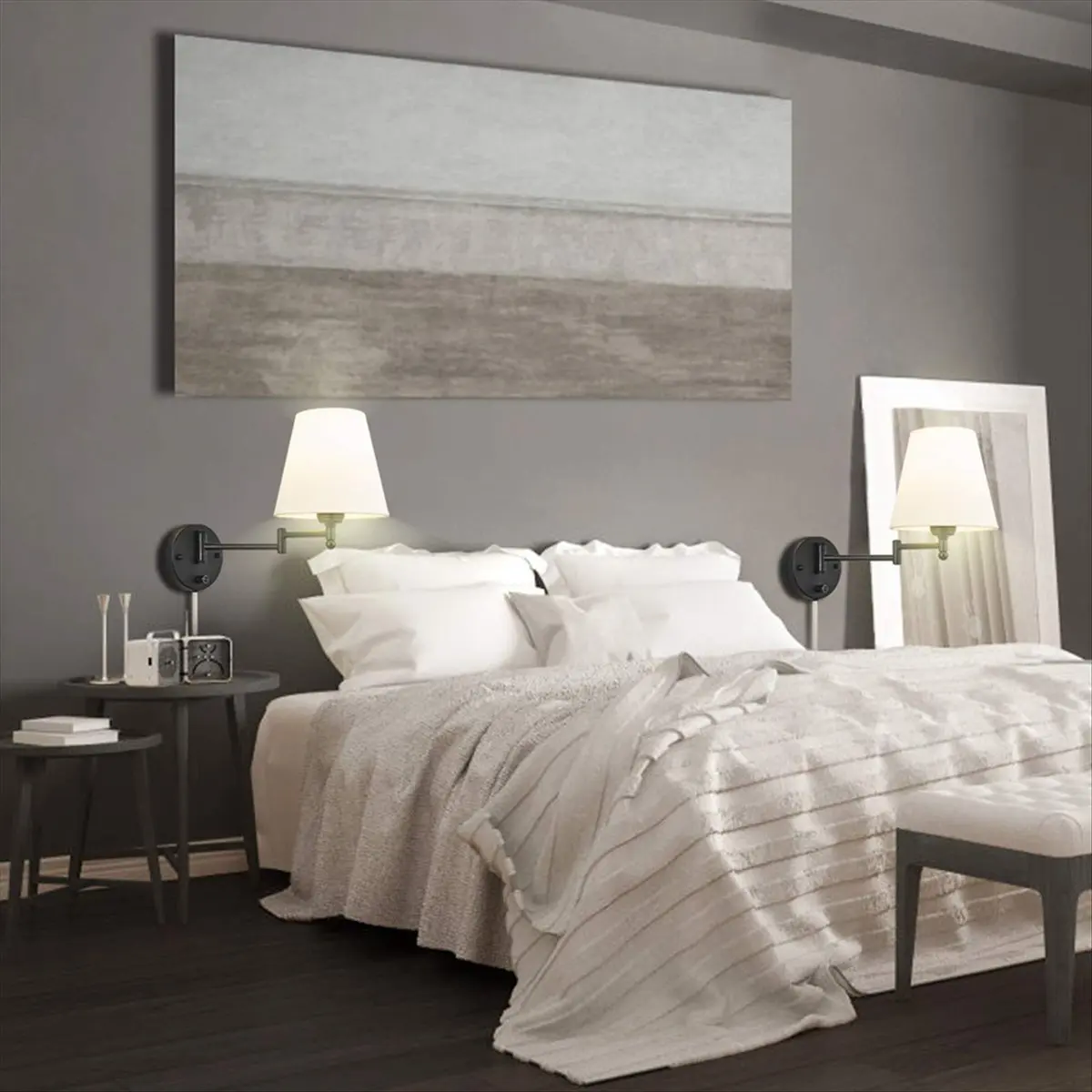 【Like】  Swing Arm Wall Lamp Plug in Wall Mount Opaque Linen Shade 2-Way Cord Covers Bedroom Lighting (1 Light)