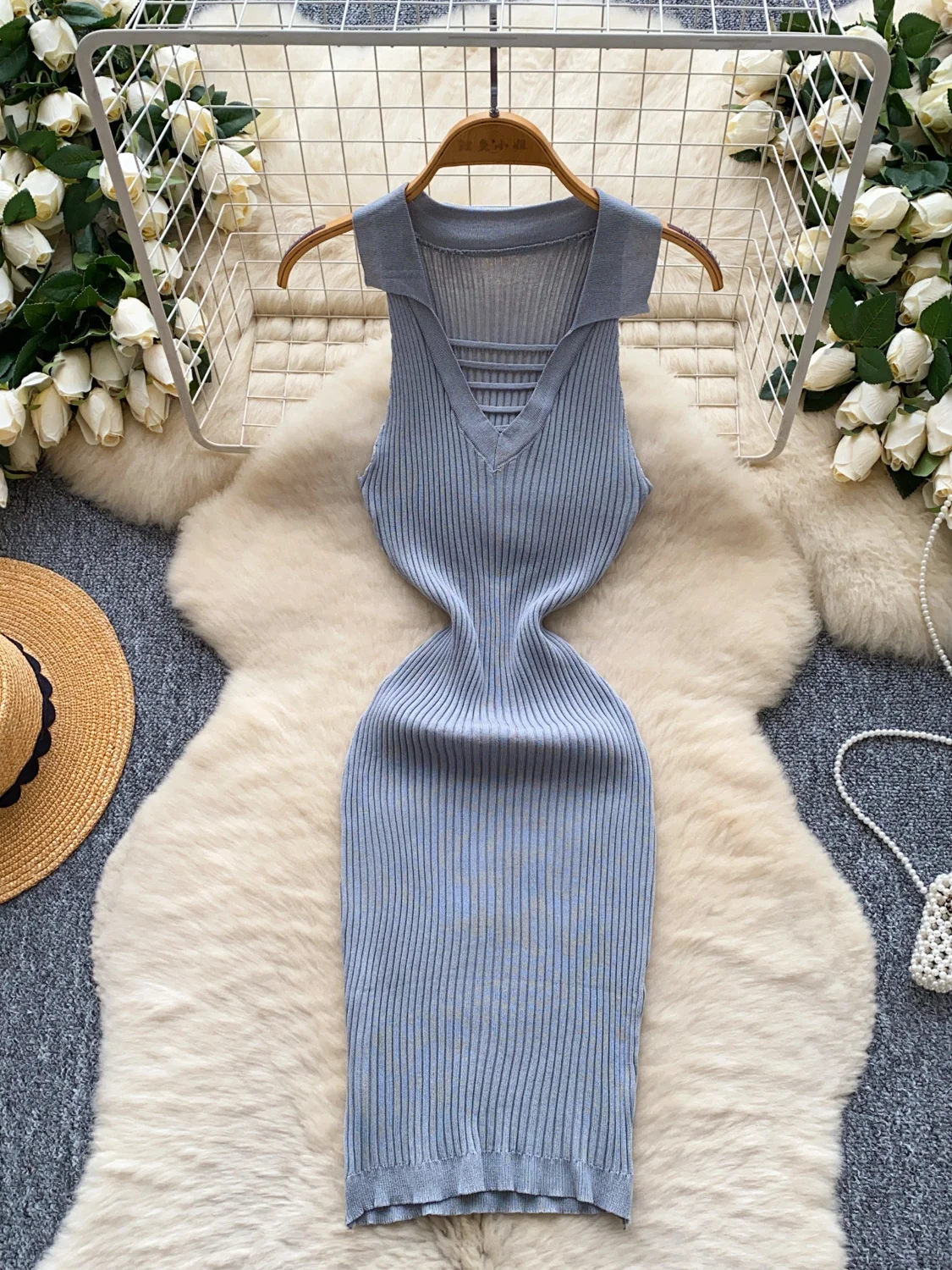 Retro Hollow out  Ne Svel Hanging Ne Dr Women Slimming Pure Desire Bodycon Knitted Dr mid Length a Line