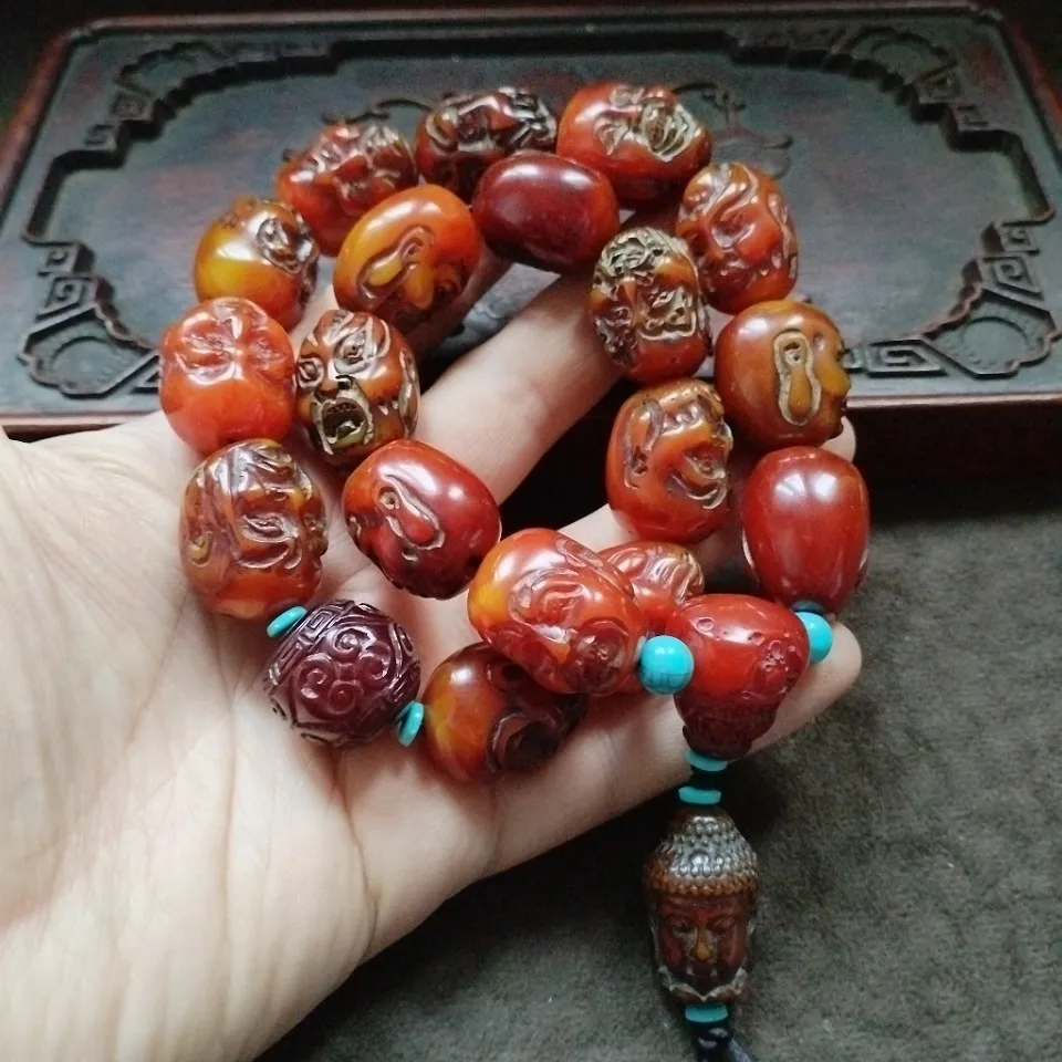 Ethnic Retro Carved Mala Bead Bracelet Red Imitation Resin Beads Meditation Wrist Jewelry Ornament