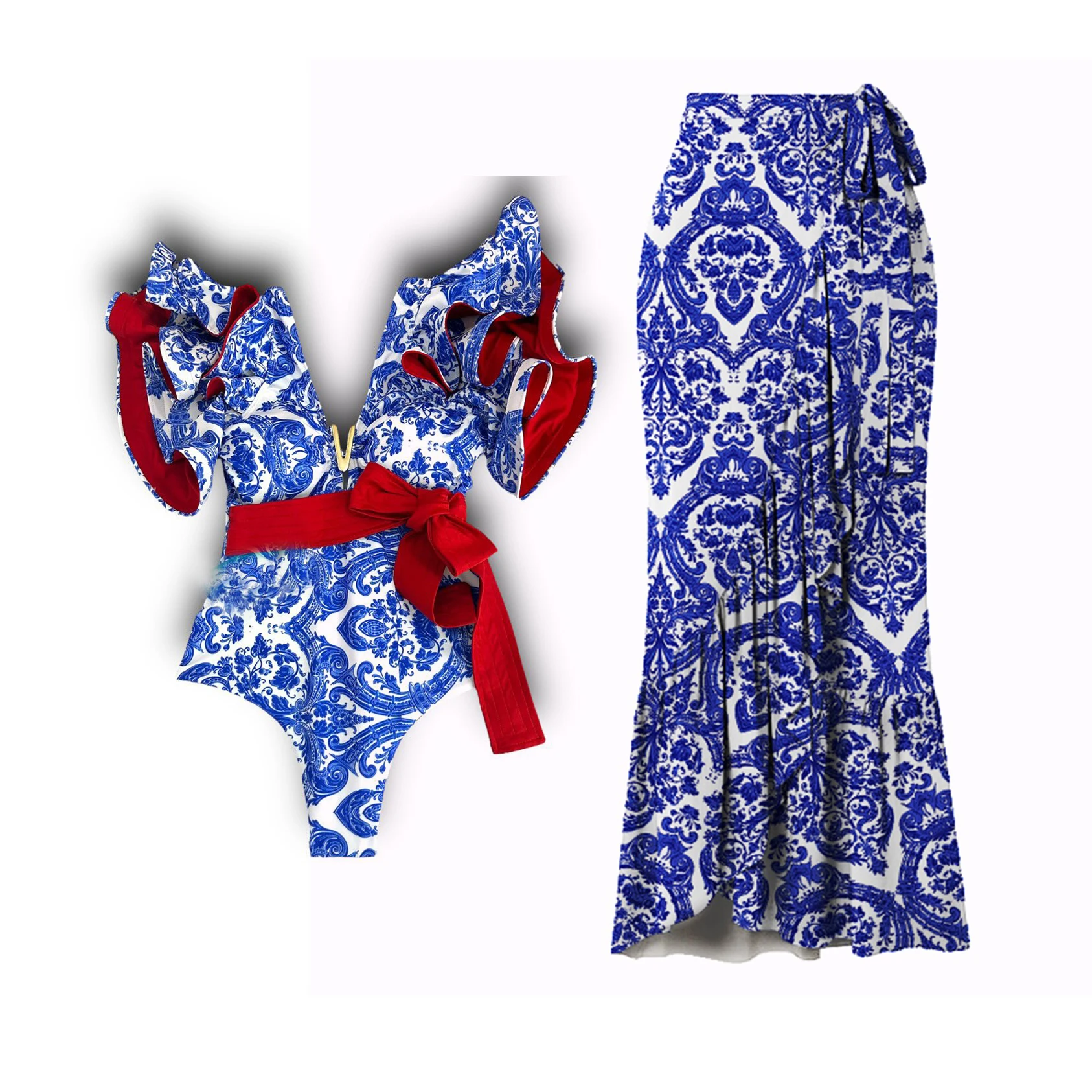 2Pc Shoulder Ruffle Swimsuit Beach Skirt Sexy Women Bikini Print Swimwear Push Up Biquini Female Bathing Suit Slimming Beachwear