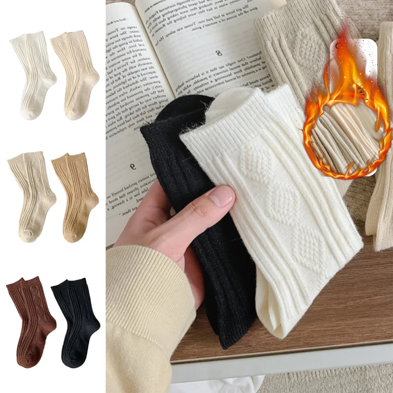 

3 Pairs Diamond Cashmere Wool Socks Women Thicken Warm Black White Mid Tube Thermal Fashion Solid Boot Socks Merad