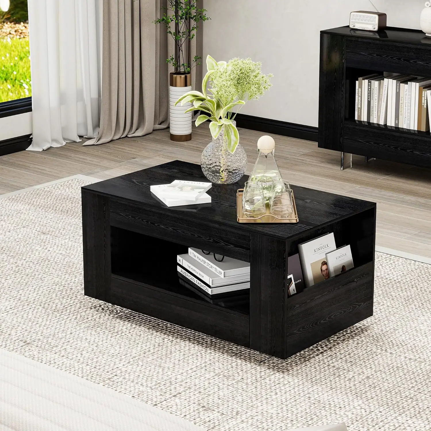 

35' Wood Coffee Table for Living Room, Sides Storage with Transparent Legs, Minimalist Modern 2-Tier