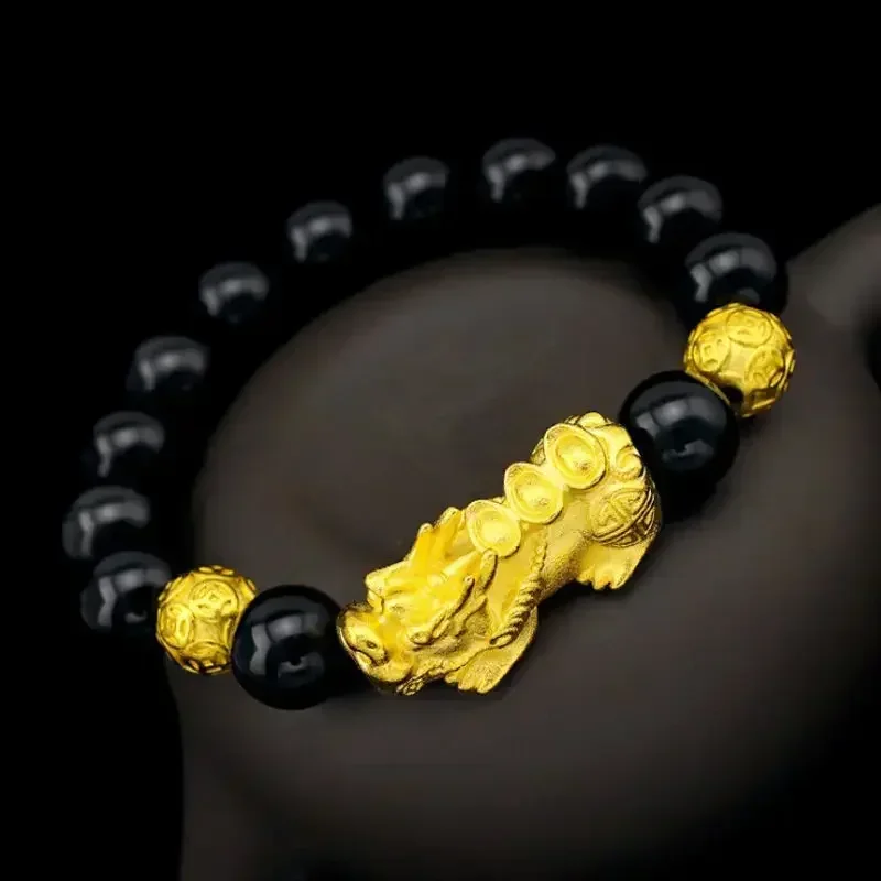 

Puselas 999 real gold bracelet human pulse AU750 Pixiu obsidian red agate transfer beads 24K gold mens and womens jewelry