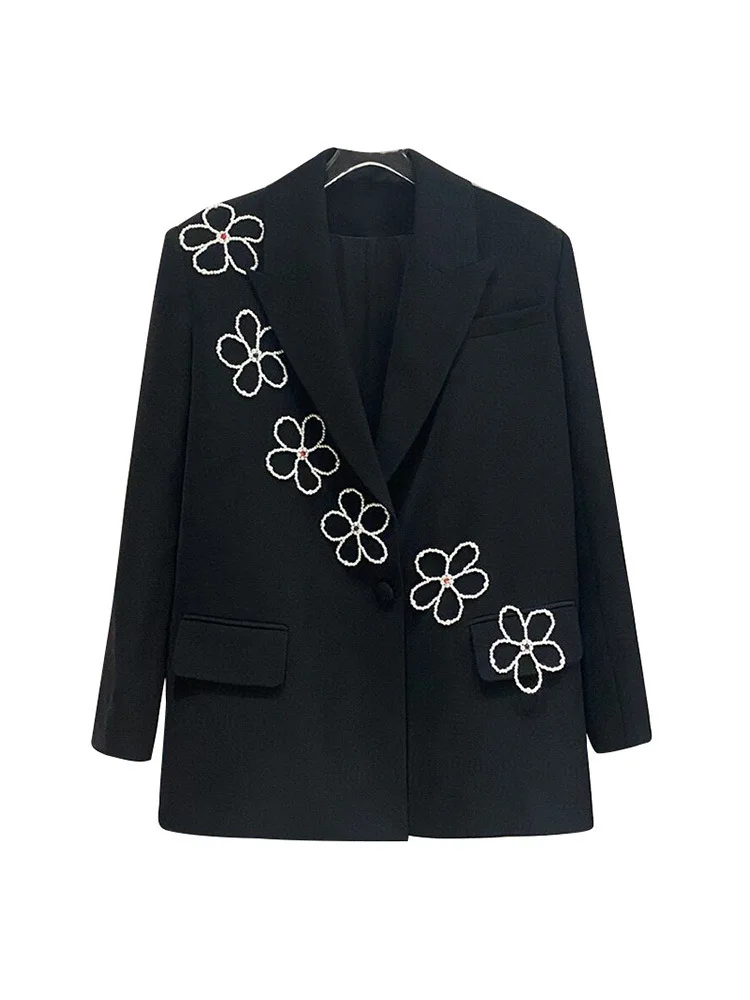 DEAT Fashion Women\'s Blazer Notched Collar Loose Embroidered Flares Flower Pearls Black Suit Jackets Spring 2024 New 17A5298