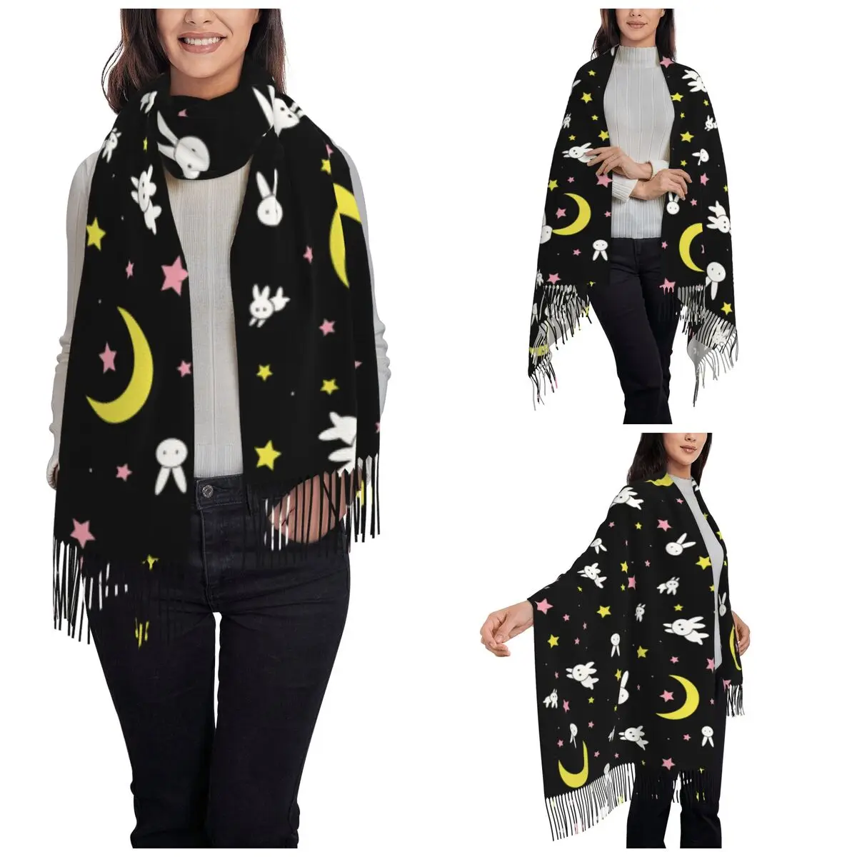 Women's Tassel Scarf Moon Pattern Cute Bunny Large Super Soft Shawl and Wrap Anime Gifts Cashmere Scarf