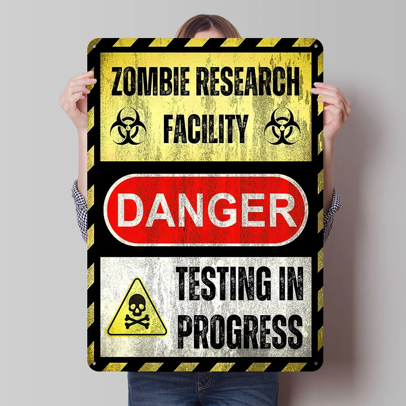 Zombie Research Facility Danger Sign Tinplate Poster Custom Wall Art Vintage Metal Signs Retro Tin Plaque for Room Decoration