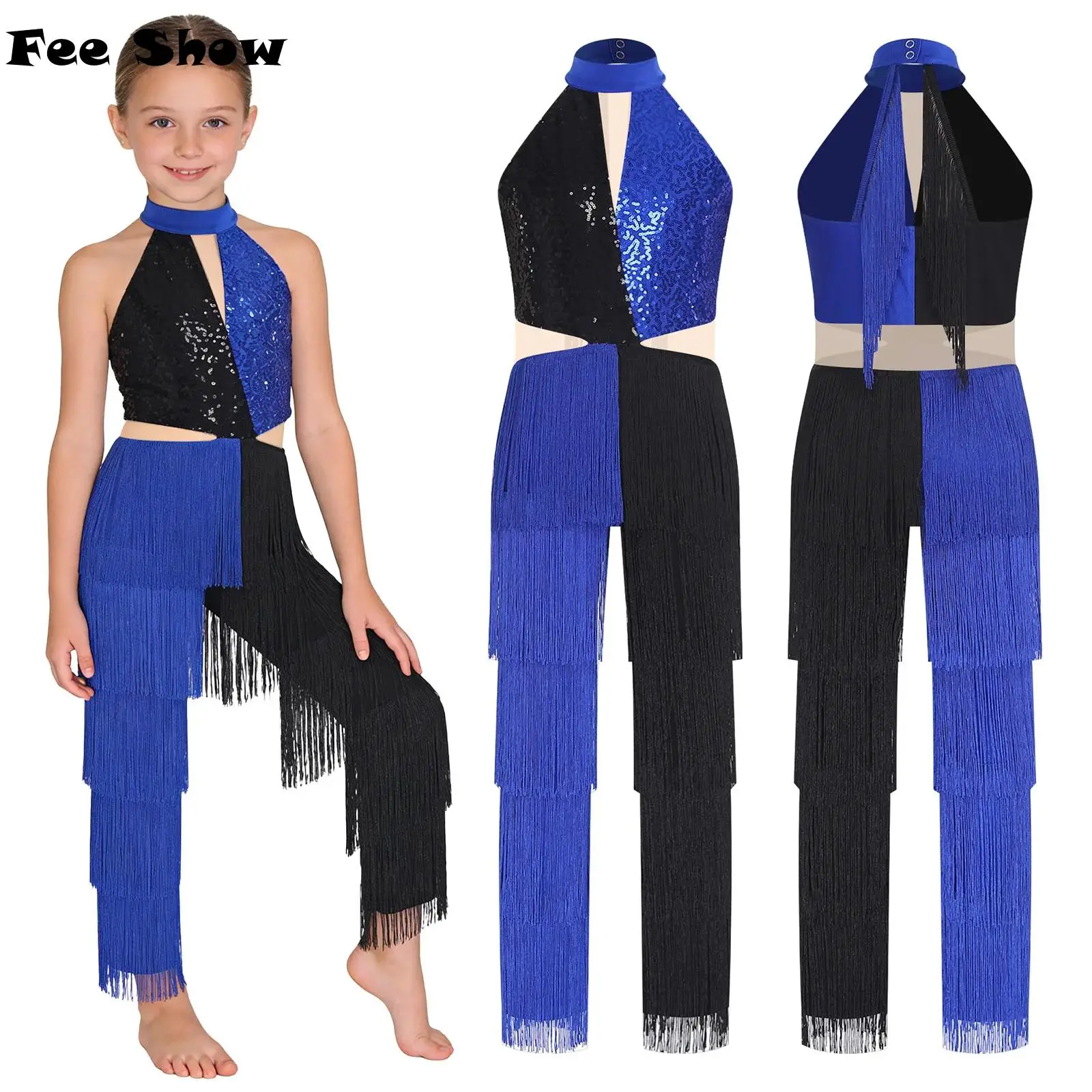 

Костюм для латиноамериканских танцев и дискотек для девочек: блестящий комбинезон с пайетками и бахромой, цветными блоками, без рукавов, с вырезом на спине, танцевальная одежда