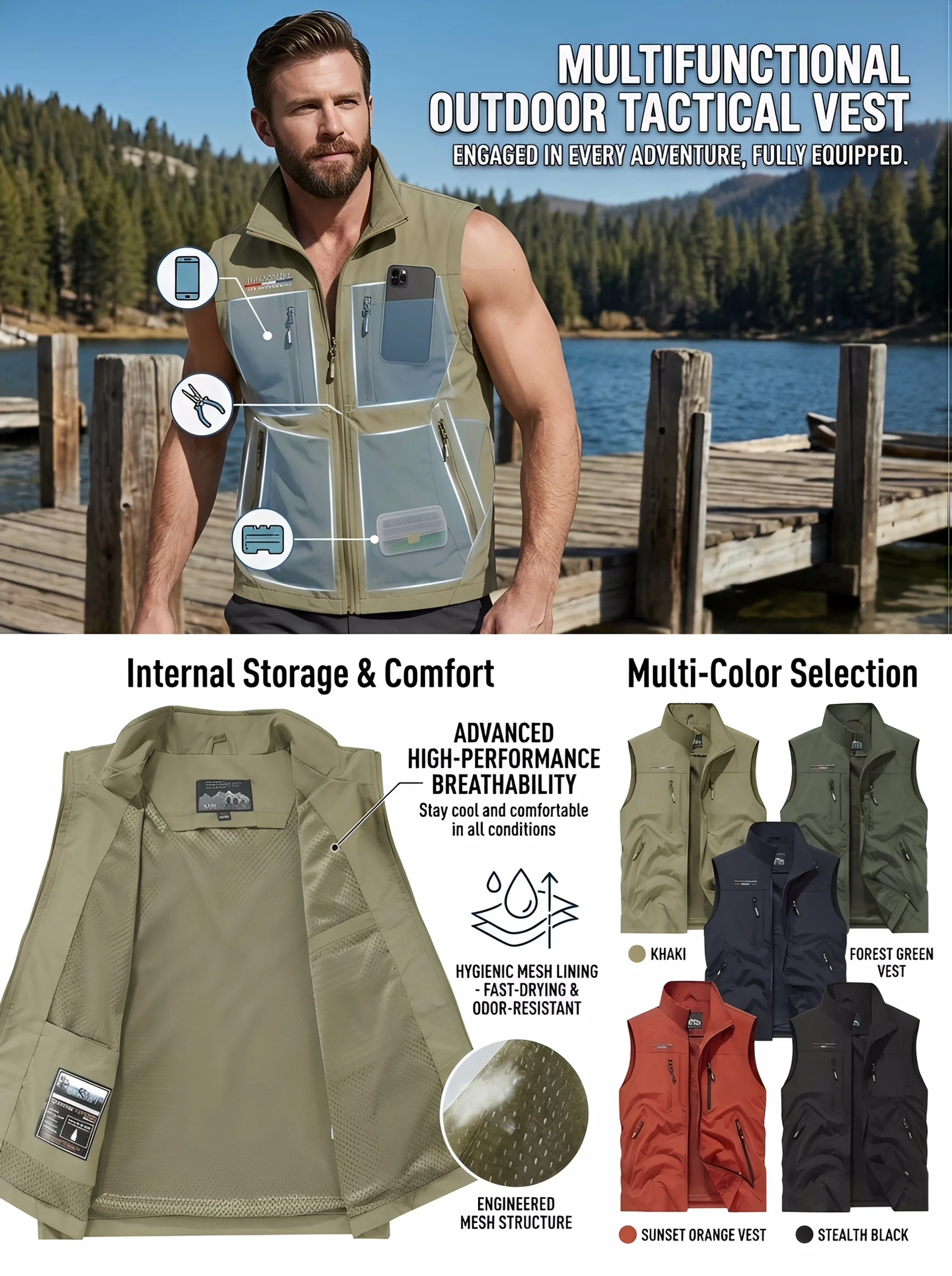 Sommerliche Herren-Freizeitweste in Uni-Farbe mit mehreren Taschen, Fotografie-Freizeitweste, Angelweste, Herren-Outdoor-Arbeitskleidung – Detail 2