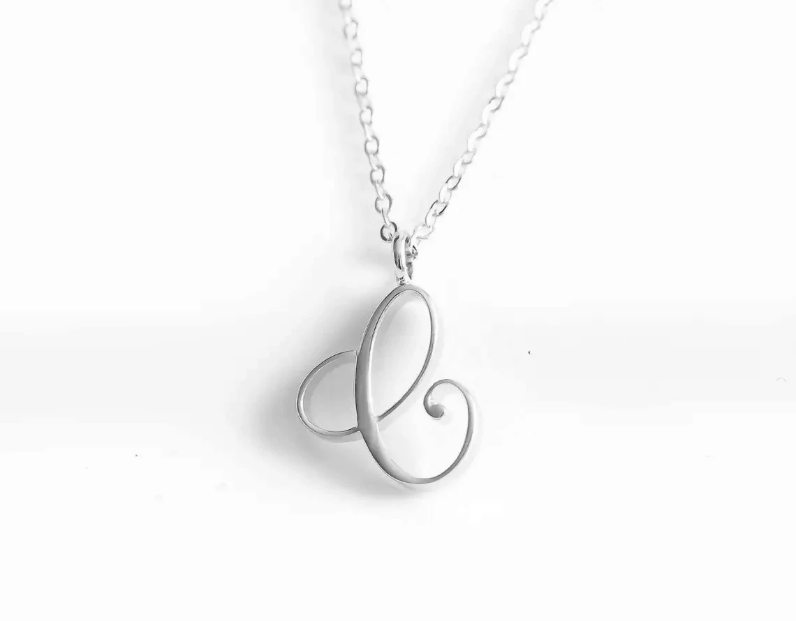 Stainless Steel Cursive Initial Capital Letter 26 A-Z Chain Necklace Swirl Luxury Monogram Alphabet English Name Partner Pendant
