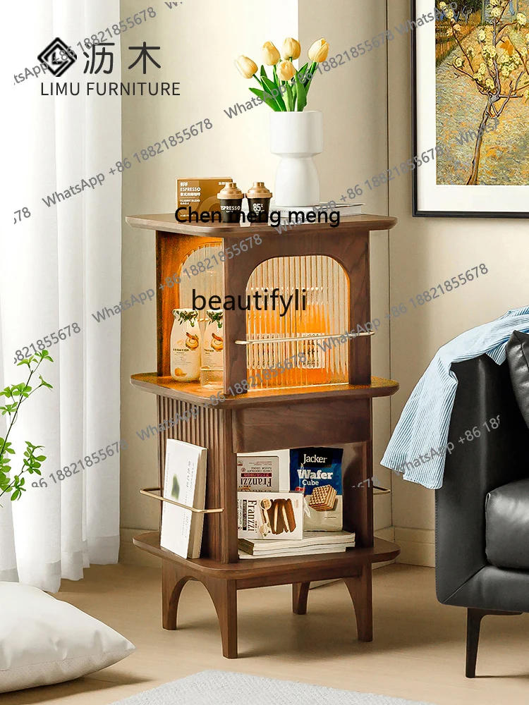 Black Walnut 360-Degree Rotating Bookshelf Modern Minimalist Multi-Functional Floor Display Sofa Small Side Cabinet