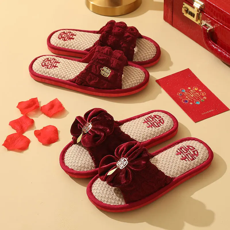 Linen Wedding Slippers Wedding Pair Red Festive Indoor Non-slip Home Wedding Bride and Groom Slippers