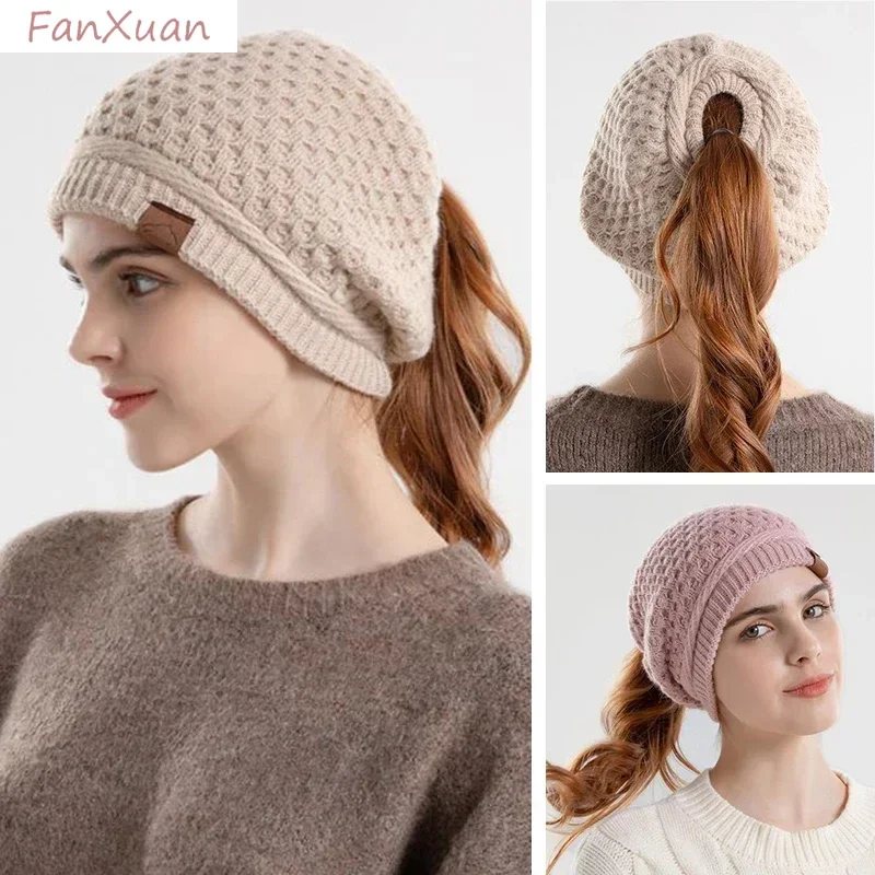 Knit Hats for Women Ponytail Messy Bun Cap Autumn Winter Beanies Women