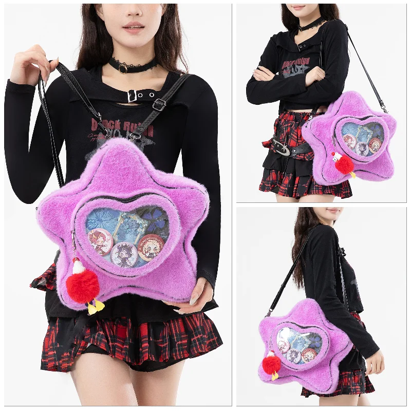 Kawaii Star Shape Faux Fur Clear Backpacks with Badge Display Cute Plush Pain Bags Anime Cosplay Shoulder Bag Harajuku Style