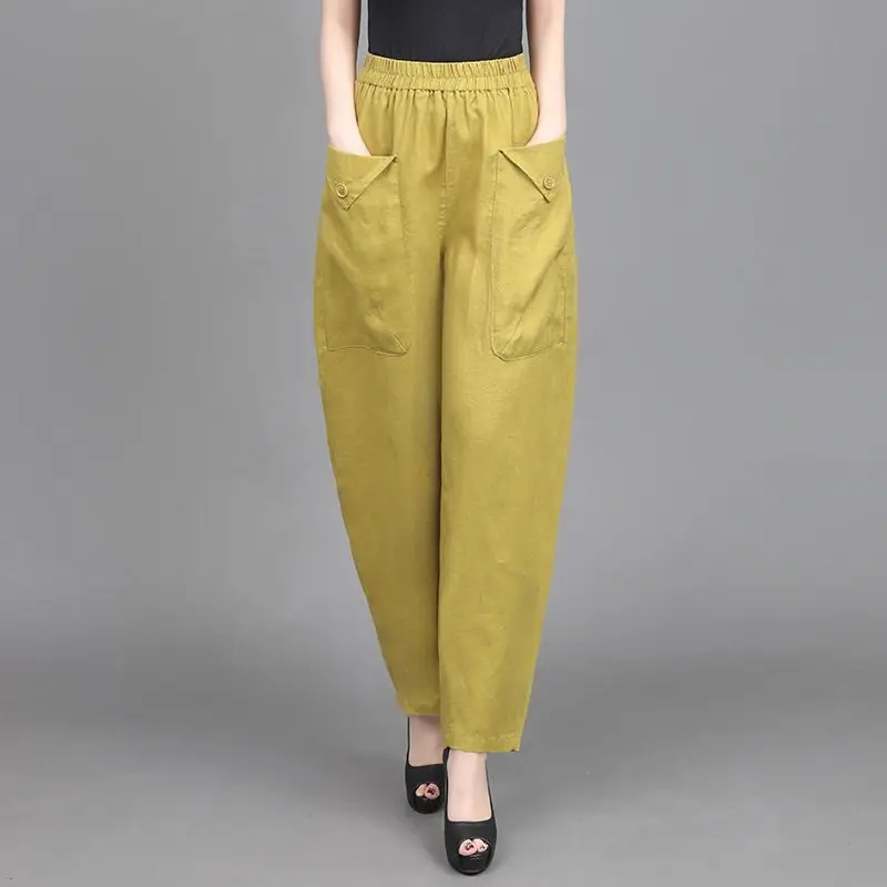 

Fashion Solid Color Pockets Harem Pants Women's Clothing Spring Summer New Loose Elastic High Waist Casual Cropped Pants