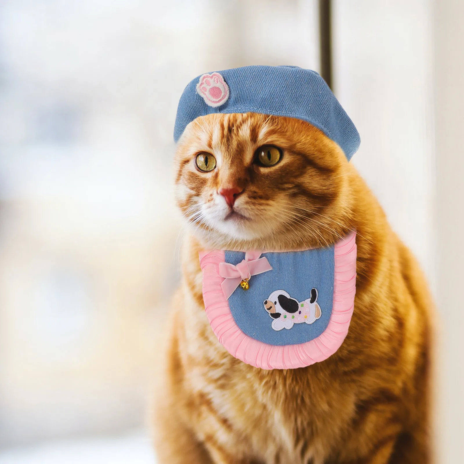 

1 set 1 Set Pet Costume Accessories: Denim Cap Lace Bib Set For Cats Small Dogs Washable Birthday Party Outfit Dog Scarf Cat Hat