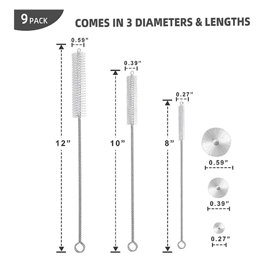 Drinking Straw Cleaning Brush Set - 9 Piece Extra Long Pipe Cleaner for Glasses, Straw Cups, Bottles and Tubes