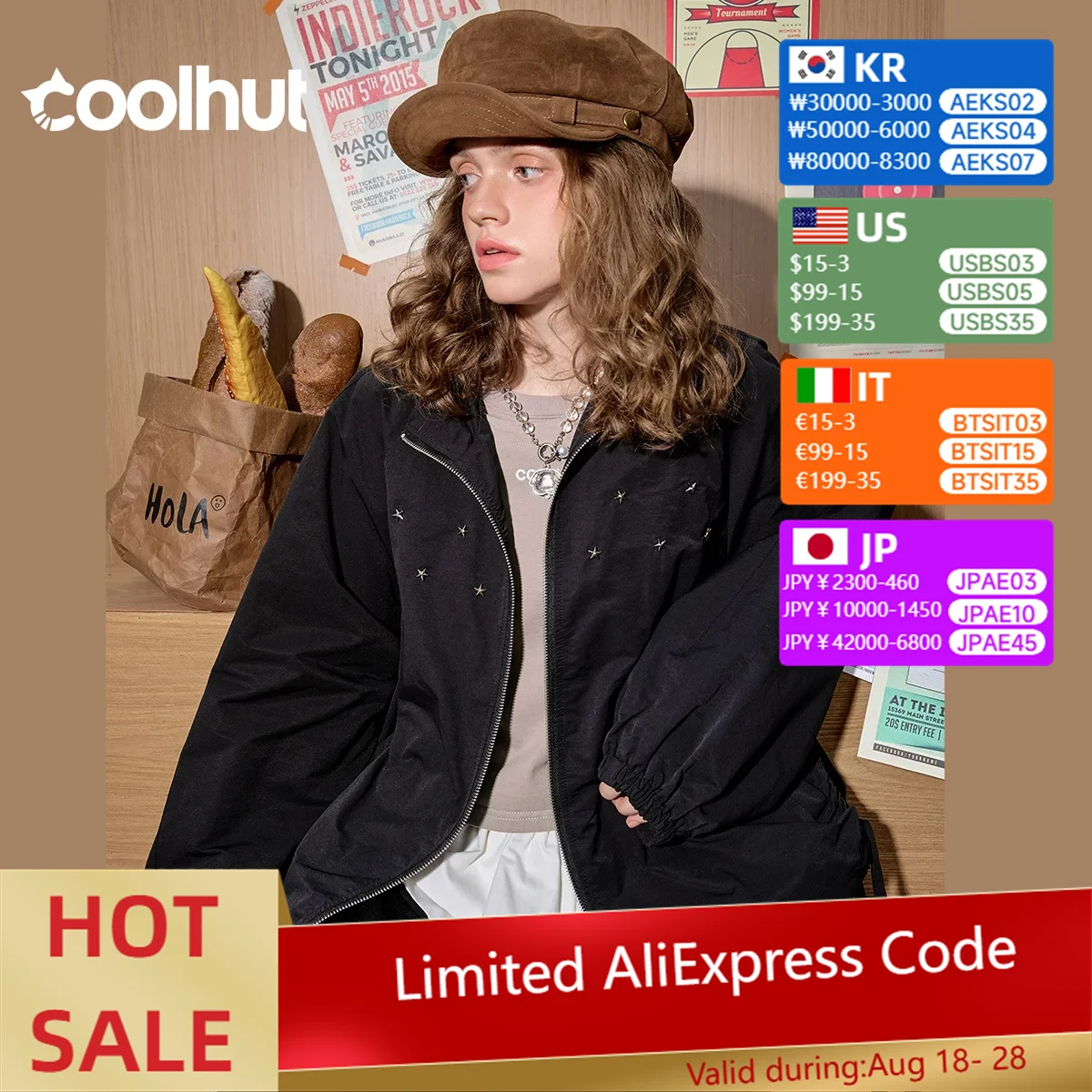 

COOLHUT 2025 Spring Women's Vintage American College Style Jacket Casual Zip Up Outerwear with Star Embroidery Basic Streetwear