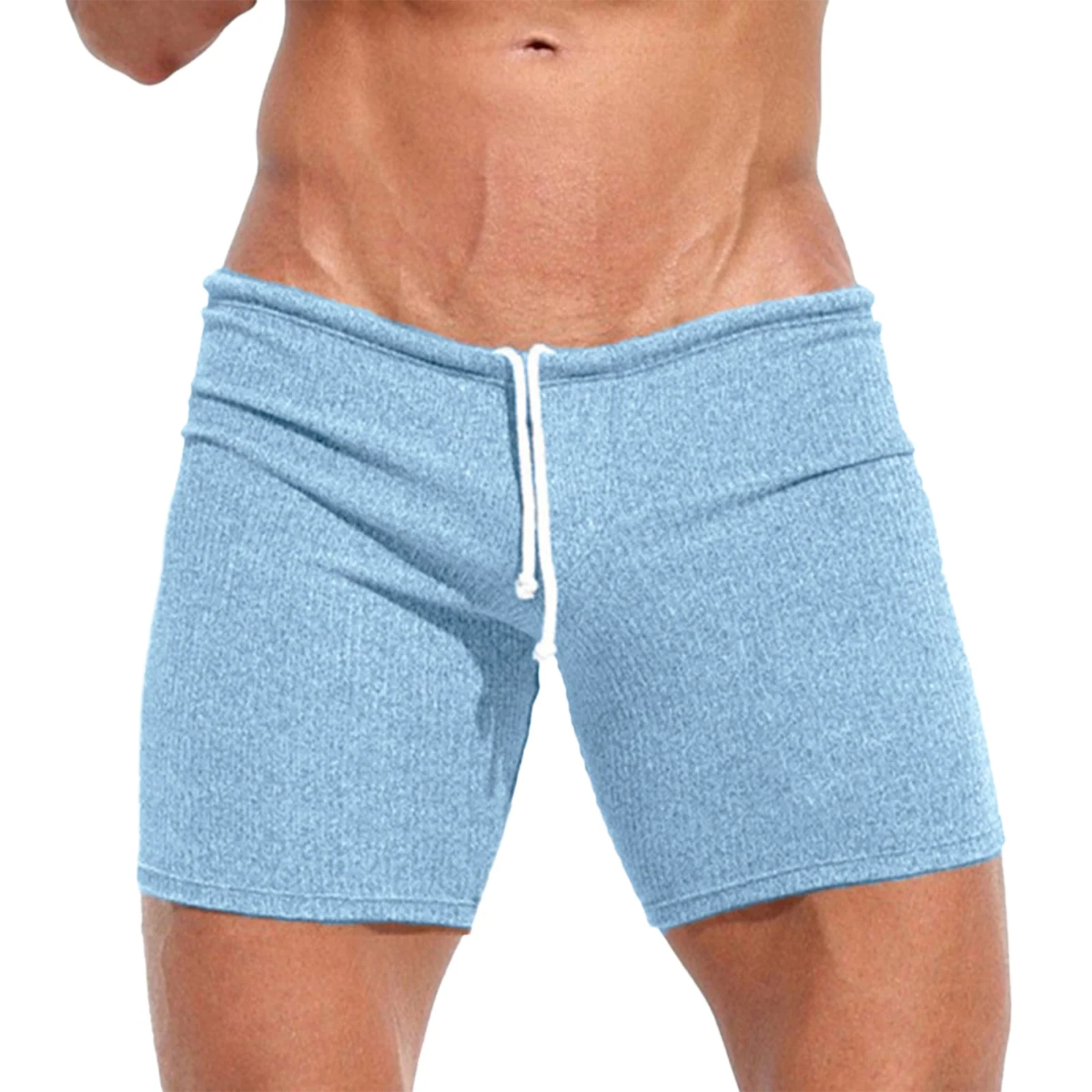 Men Quick Dry Ribbed Workout Shorts Drawstring Solid Color Breathable Lightweight Stretchy for Running Gym Fitness Summer
