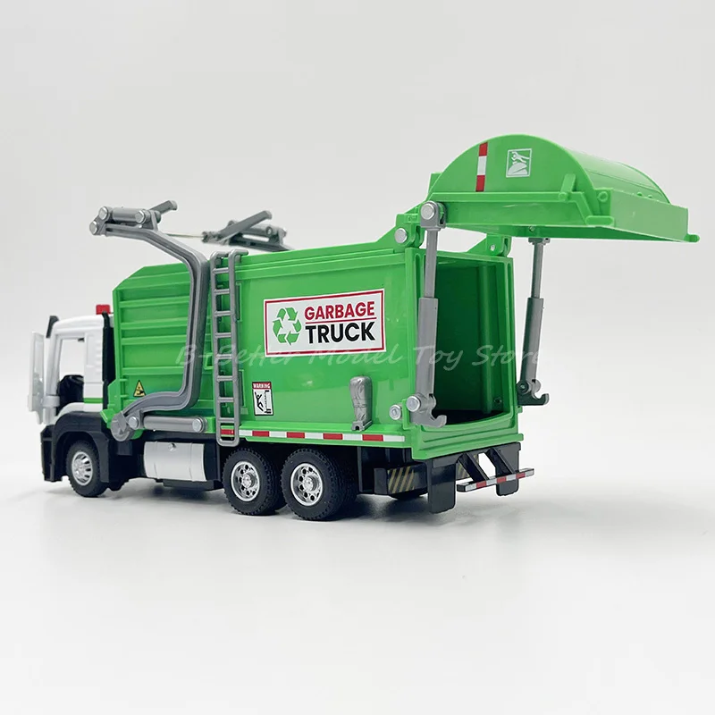 1:50 Diecast Metal Model Toy Sanitation Garbage Truck Miniature Replica Pull Back With Sound & Lights