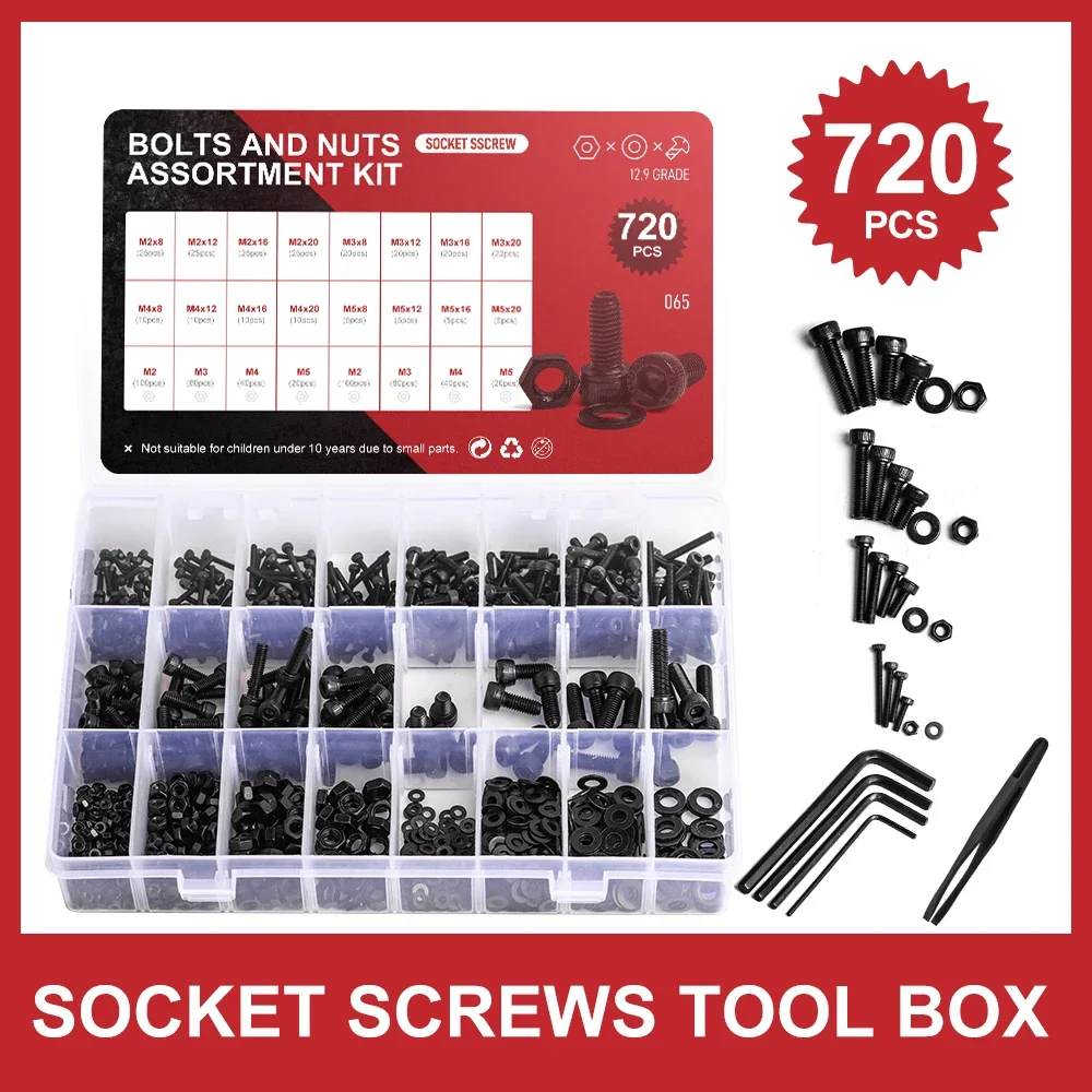 

SJ 720 PCS Socket Screws Assortment Set M2 M3 M4 M5 Allen Round Flat Bolts Hex Nut Black 10.9/12.9 Carbon Steel Washers Tool Kit