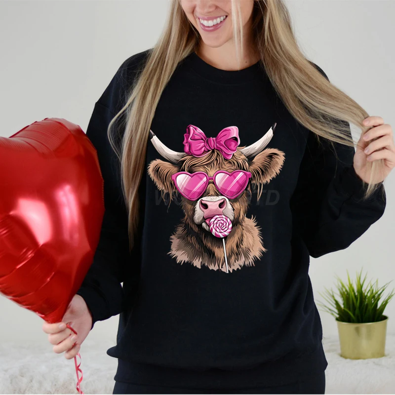 Highland Cow Print Oversized Hoodie Fashion Hoodie Kids Hip Hop Street Ladies Highland Cow Autumn Clothing Pink Hoodie for Women