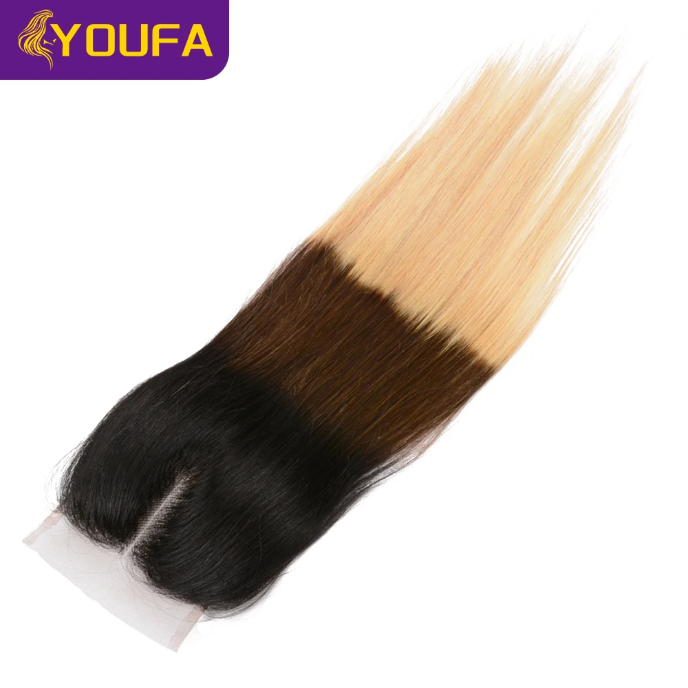 Fermetures en dentelle 4x4 à 3 tons, raie libre, 100% cheveux humains brésiliens lisses, couleur ombrée blonde 1B/4/27, fermetures en dentelle suisse 4x4