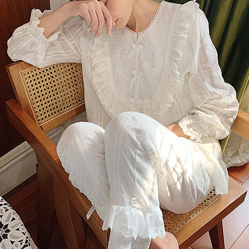 

Новый комплект женской пижамы из хлопка с длинными рукавами в корейском стиле, две части, для дома, осенне-зимний