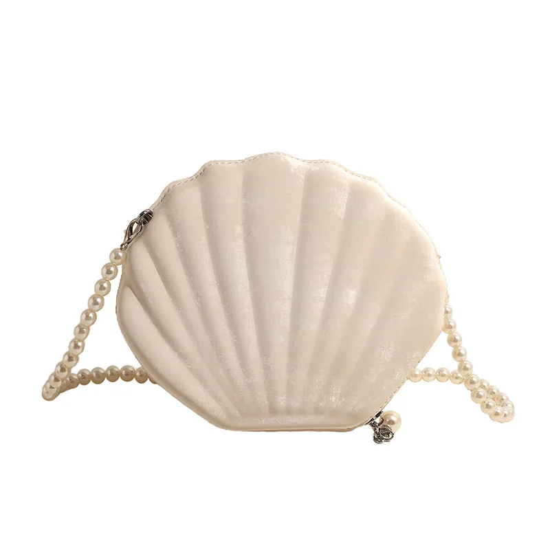 Women\'s Handbag Velvet Texture Solid Color Seashell Box Evening Bag 2024 Clutches With Pearl Chain Shoulder Bags Ladies Purses