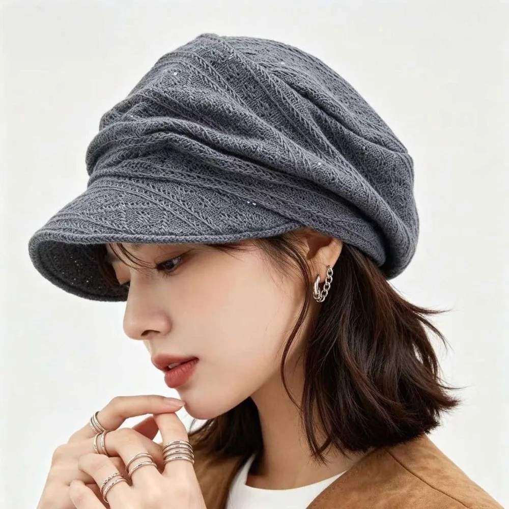 Fashion Soft Newsboy Beret Hat Breathable Foldable Visor Hat Stretchy Shimmer Dots Decor Knit Beanie Women