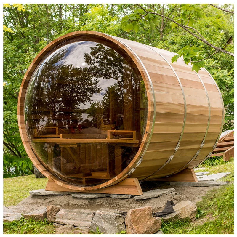 Sauna de barril de cedro, sauna tradicional de vapor seco, sauna de barril de madera para exteriores con calefacción a leña