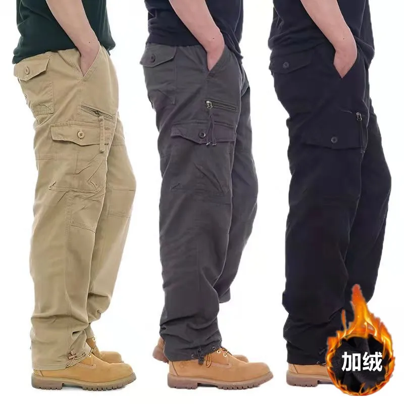 2024 Men's Fleece-Lined Thickened Multi-Bag Outdoor Overalls Loose Straight Military Style Trousers