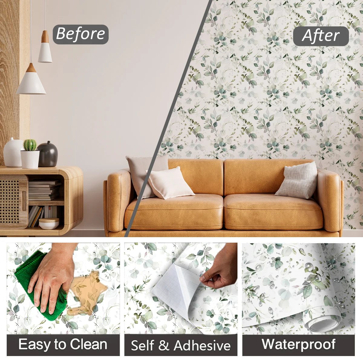 1PC Plant Leaves Pattern Thickened Moisture-Proof Waterproof Wallpaper Self-Adhesive Peel-and-Stick Home Decorative Wallpaper
