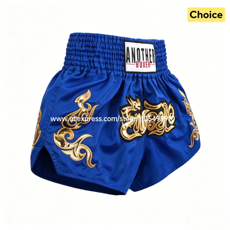 Athletische Boxshorts für Männer, Frauen und Kinder Professionelle Kampf-Muay-Thai-Hosen Blaue Satin-MMA-Trainings-, Sparring- und Wettkampfbekleidung