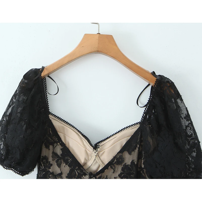 Jastie Sexy Süße Frauen Puff Sleeve V-ausschnitt A-linie Mini Spitze Kleider Schwarz Weiß Sommer Hübsches Mädchen Party Kleid Urlaub Robe