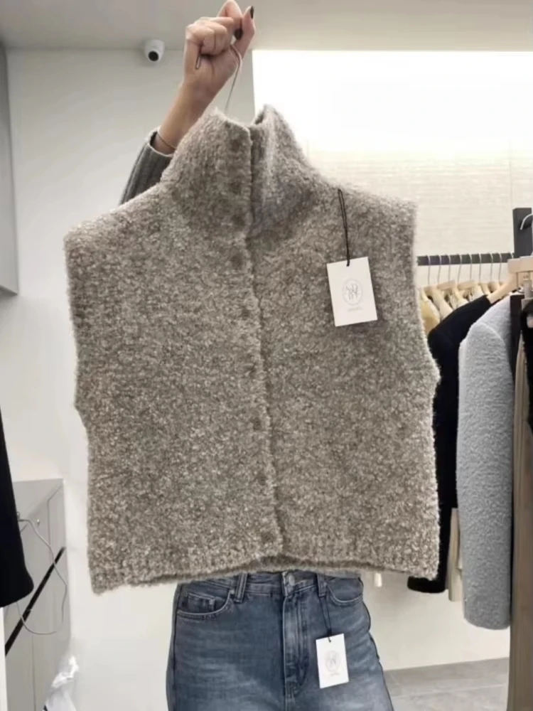 Spring Women Knitted Open Cardigan Sweater High Collar Sleeveless Vest Design Sense Korean Casual Commute Fit Outerwear New