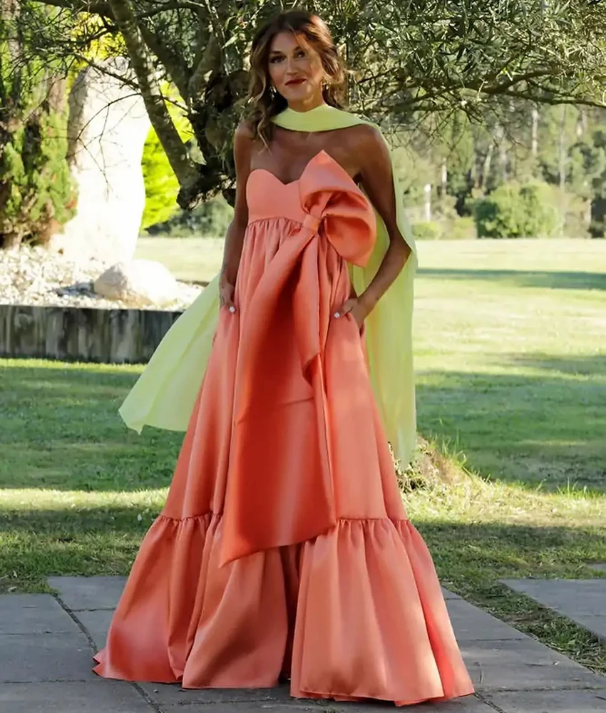 

Customized Sexy Satin A-Line Ribbons 3D Bow Evening Dress High Quality Sleeveless Sweetheart Floor Length Bespoke Occasion Gowns