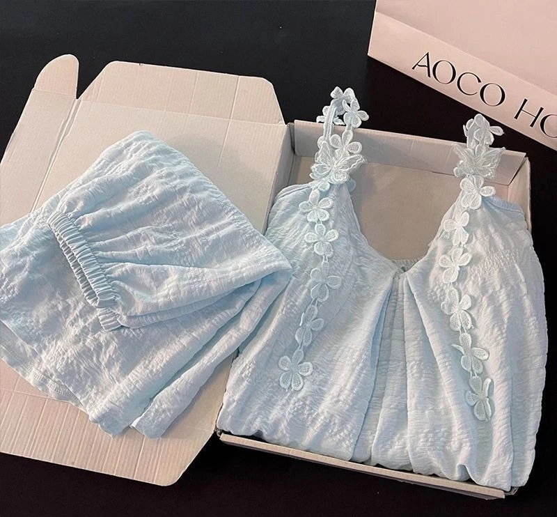 Women Sleeveless Loungewear Set with Built‑in Chest Pads, Summer Cute Princess Style Home Pajamas for Ladies