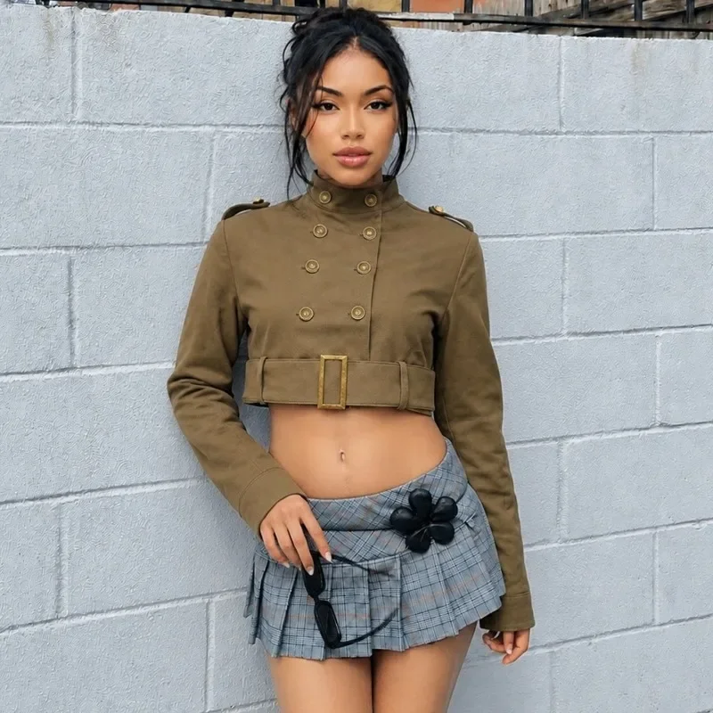 British Retro Double Breasted Design Waist Cinched Stand Up Collar Trench Coat Casual Cross-border Slimming Short Workwear Coats