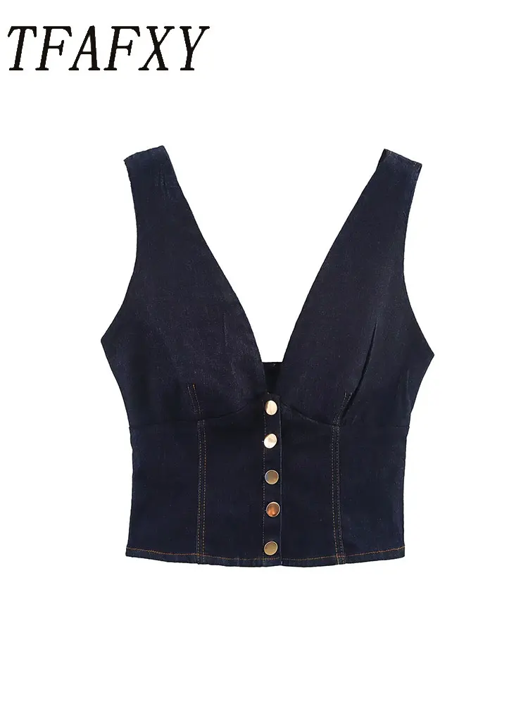 TFAFXY Sexy Casual Chic Frauen Denim Cami Tops Solide V-ausschnitt Einreiher Ärmellose Weste Mode 2025, Sommer Urlaub Tops