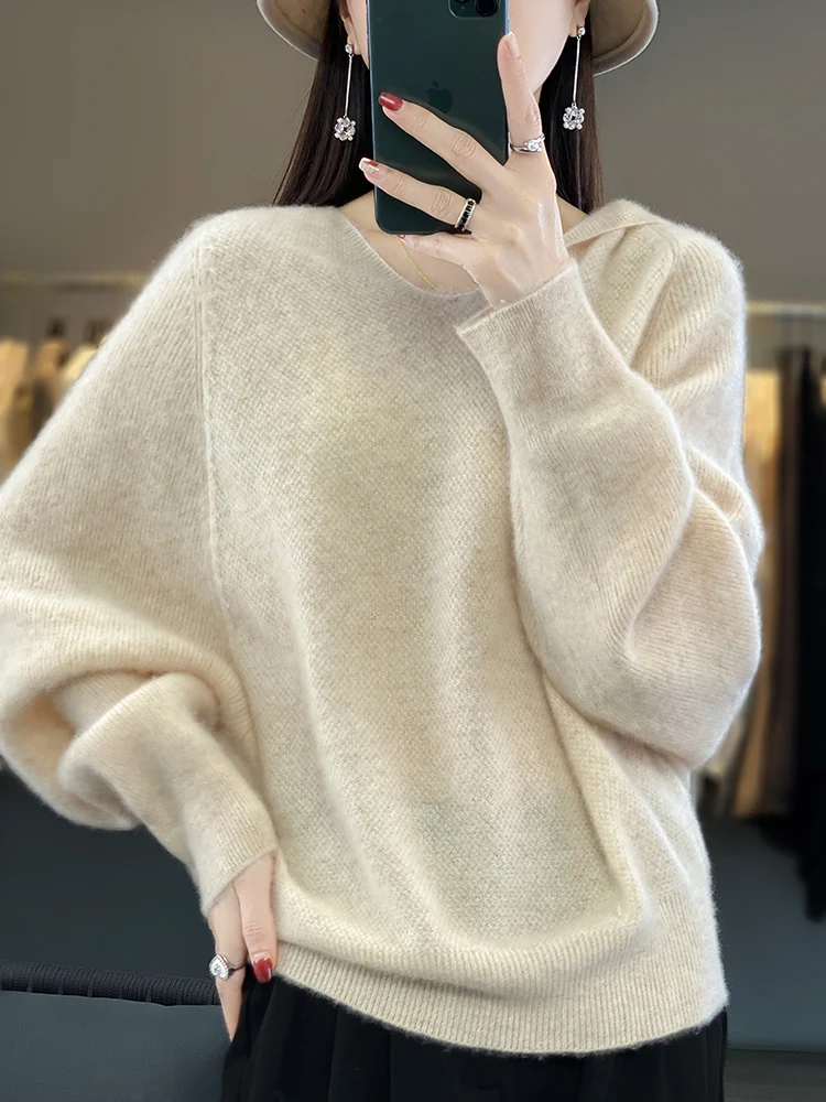 2023 Autumn/Winter New Bat Sleeved Cashmere Sweater Women\'s Clothing Hooded Pullover 100% Merino Wool Tops Fashion Sweatshirt