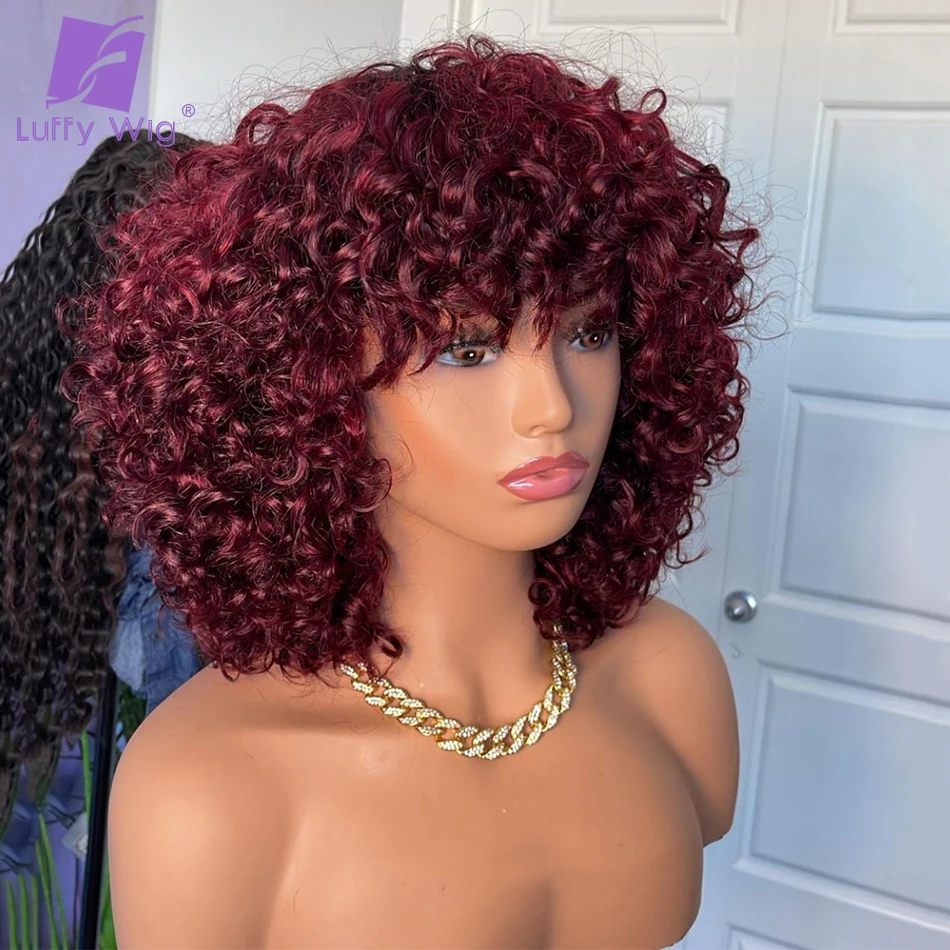 

Glueless Short Kinky Curly Wigs with Bangs 99J Red Burgundy Color 200 Density Afro Curly Bob Cut Full Machine Human Hair Wig