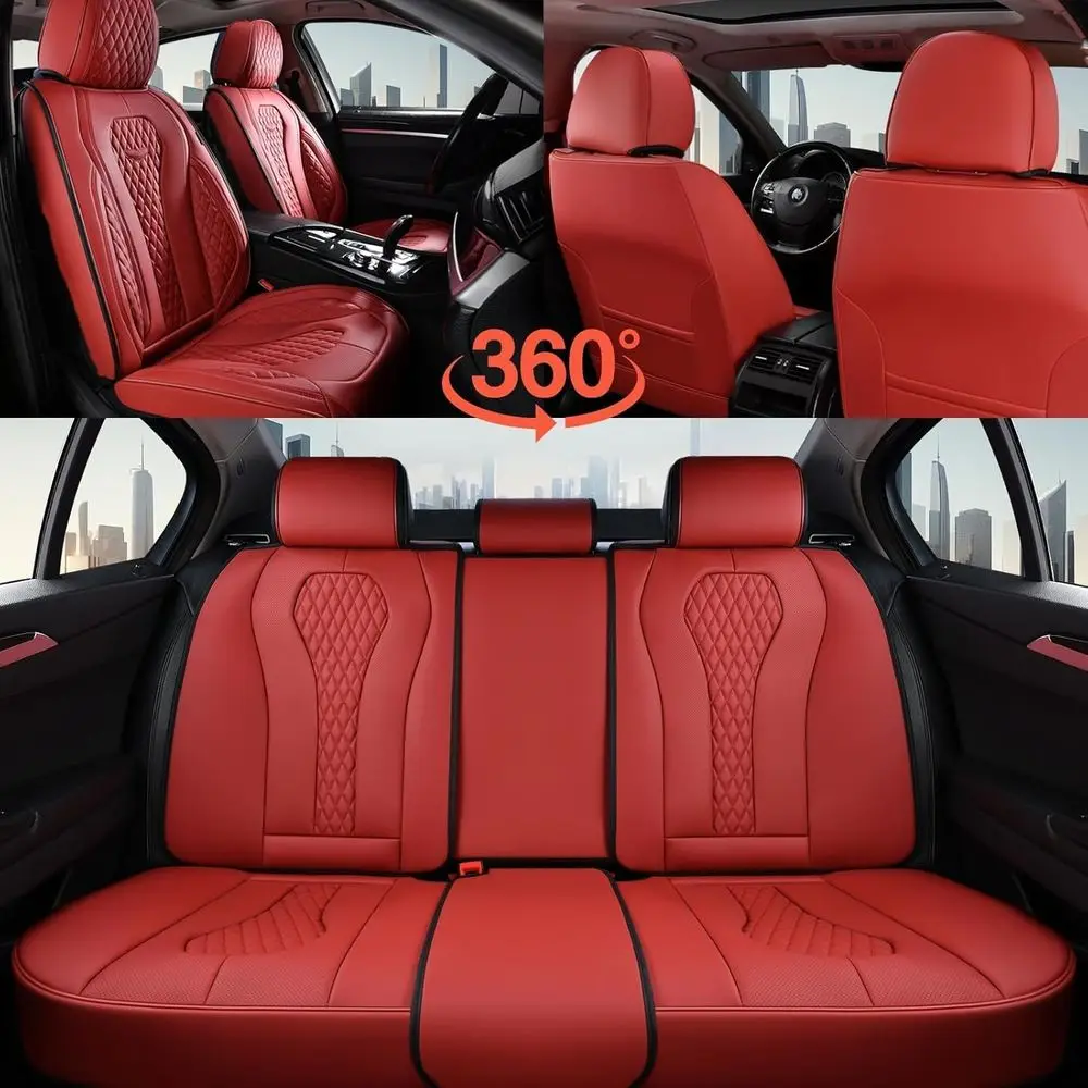 Universal Red Car Seat Covers Set, Front and Back Seats, Waterproof Leather Seat Protectors for Most Vehicles