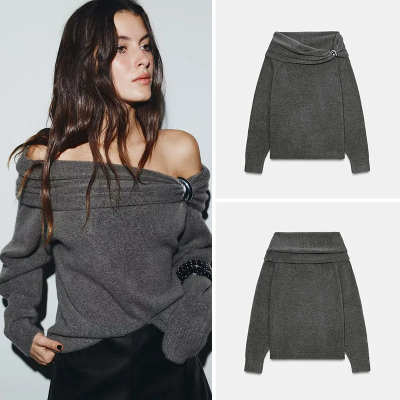 

New Arrival Autumn ZA2025 Women's Long Sve Knitted oulder Bared Metal Embellied Straight Collar Top for Teen Girls