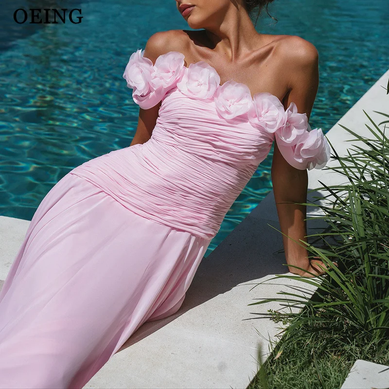 

OEING Simple A-Line Prom Dresses Pink Off Shoulder 3D Flowers Pleats Floor Length Party Dresses vestidos Customized