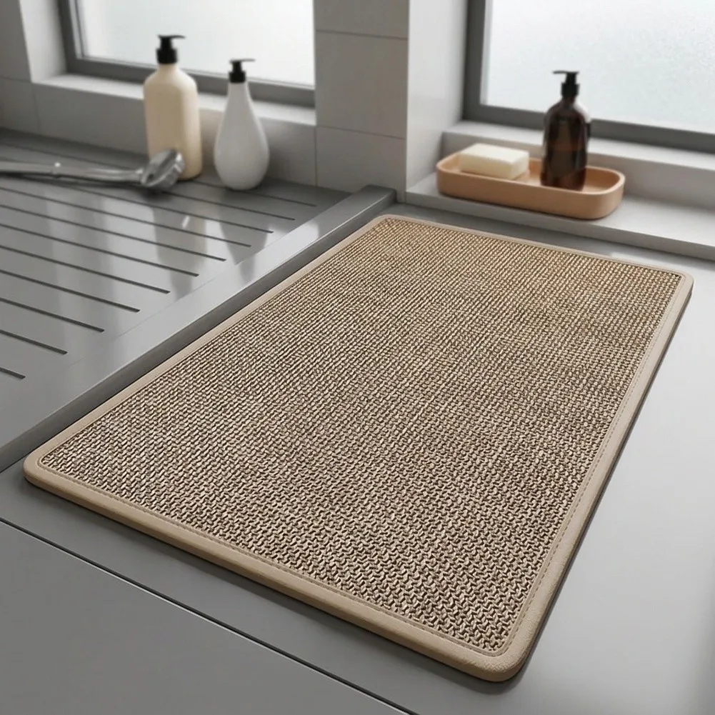 Square Linen Bath Rug Non Slip Base Fast Water Absorption Bathroom Floor Mat Household Foot Pad Shower Room Simple Home Decor